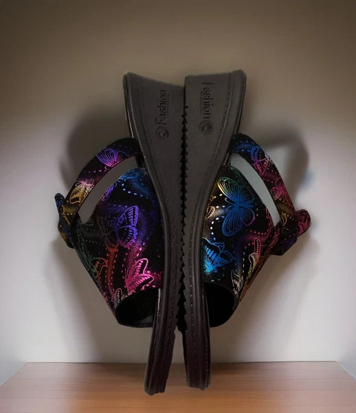 FASHION Metallic Rainbow Butterfly Slip-On Wedge Heel Sandals Size 9 / 40 NEW