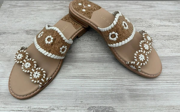 Jack Rogers Caroline Sandal Natural Tan Cork White Stitched Flat Slide  Size 9 M