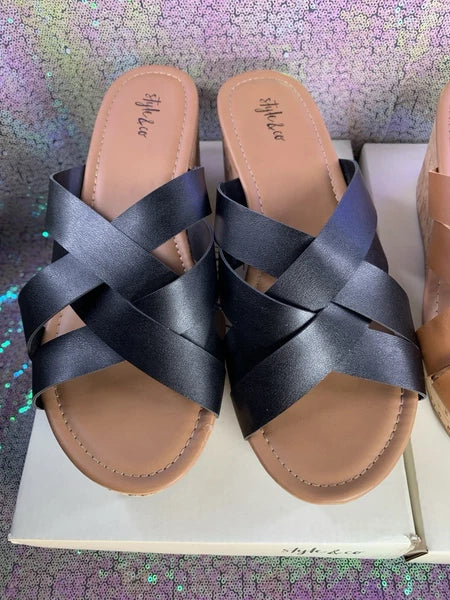 STYLE & CO Women's Black & Brown Smooth Violettee Slide Wedge Sandals SZ 9.5