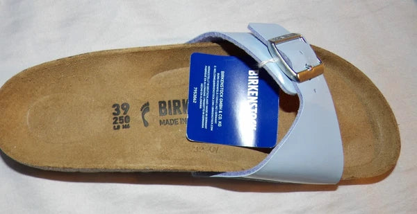 Birkenstock Madrid Big Buckle Lady Narrow Size 8 Patent Dove Blue Leather Sandal