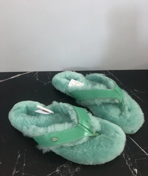 AUSTRALIA LUXE Slide Sheepskin Flip Flops Turquoise Flat Leather Sandals *S/ 6-7