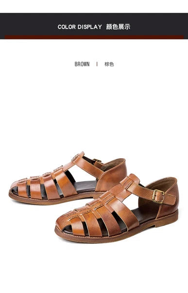Roman Style Closed Toe Sandals Hollow Out Buckle Real Leather Men's Shoes Casual