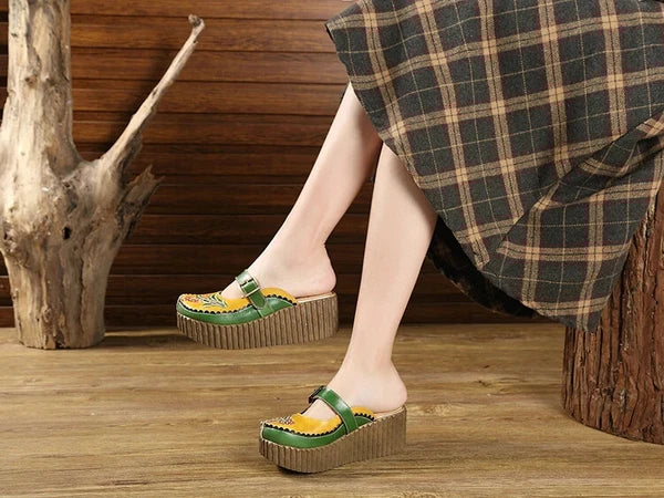 Wedge Slides Shoes Women Buckle Flower Cut Out Summer Leather Platform Slippers