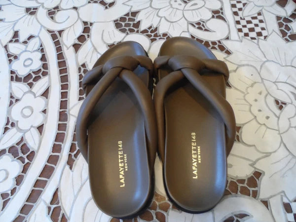 Lafayette 148 New York Brown lamb Leather Quilted Knotted Slide Sandals Size 7M