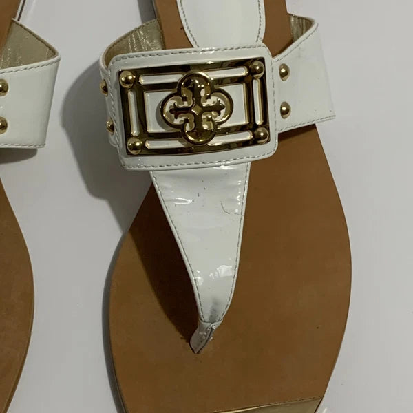 Isola White Gold Thong Sandal Flat Dress Shoe Open Heel Slide Women 7.5