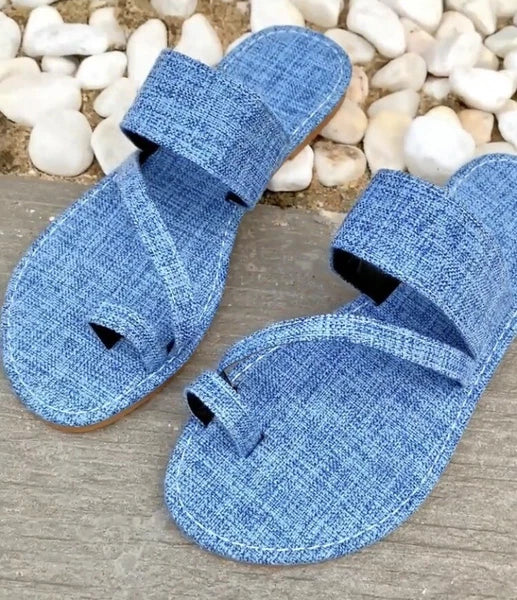 Fashion Blue Summer Statement Denim Thong Toe Designed Flat Sandals  Slides Shoe