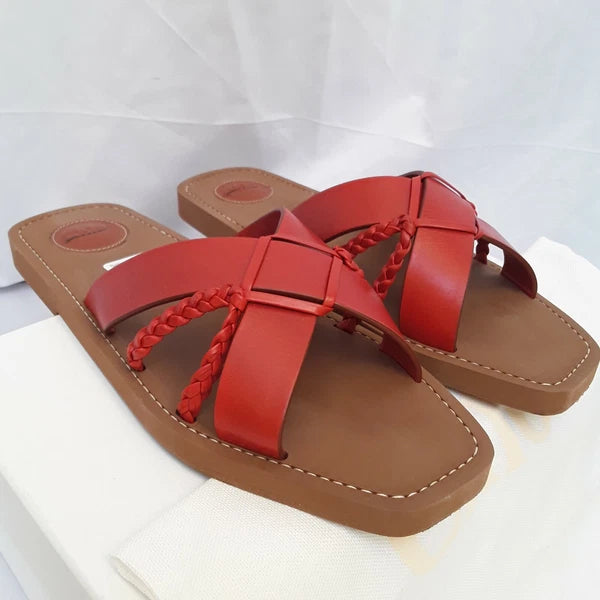 New CHLOE $450 Brick Red Leather Boho Criss Cross Slides Mules Flats Italy EU 42