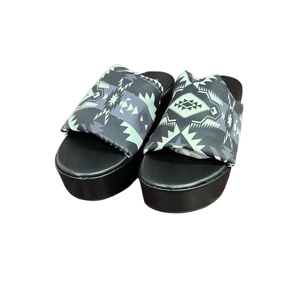 Crazy Train 90s Platty Aztec Bold Black & White Sandal Wedges Platform Slides 9