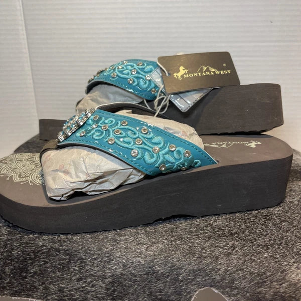 Montana West Teal Scroll Rhinestones/Studs Western Style Wedge Sandals Sz11-11.5