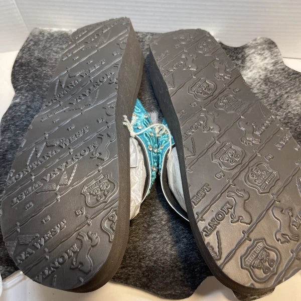 Montana West Teal Scroll Rhinestones/Studs Western Style Wedge Sandals Sz11-11.5