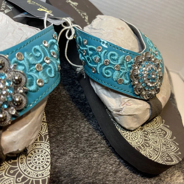 Montana West Teal Scroll Rhinestones/Studs Western Style Wedge Sandals Sz11-11.5
