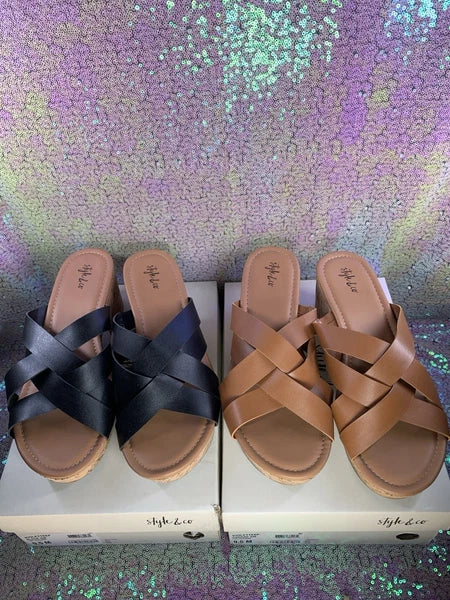 STYLE & CO Women's Black & Brown Smooth Violettee Slide Wedge Sandals SZ 9.5