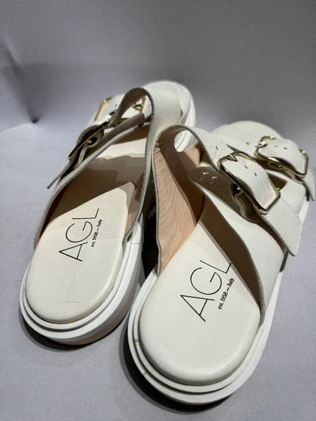 New Women's AGL Off White Sabina Leather Buckle Slide Sandals 39 EUR US 8-8.5