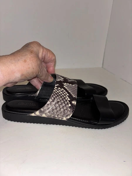 Michael Kors Black Gray Embossed Leather Python Slide Sandals Womens Size 9M