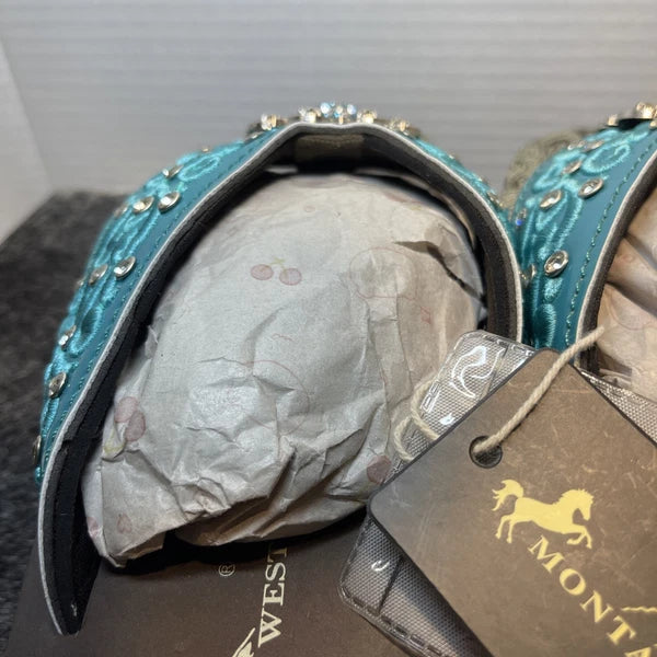 Montana West Teal Scroll Rhinestones/Studs Western Style Wedge Sandals Sz11-11.5