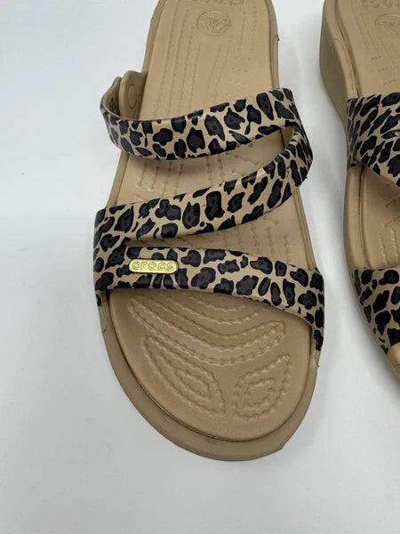 Crocs Patricia II Leopard Wedge Tan Slide Sandals W10 Women's Size 10 EUC