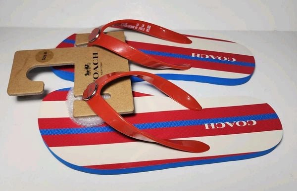 Coach New York Women's  Flip Flop Sandals Stripe Print Red White Blue Size 8 NWT