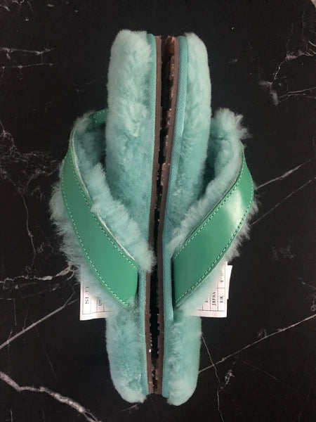 AUSTRALIA LUXE Slide Sheepskin Flip Flops Turquoise Flat Leather Sandals *S/ 6-7