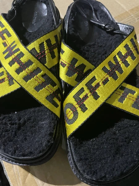 Off - White Yellow Canvas Leather Strap Sandals Women US 7.5