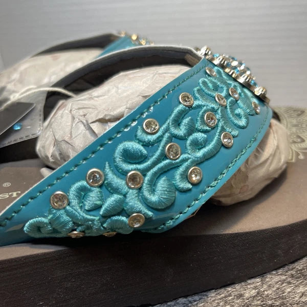 Montana West Teal Scroll Rhinestones/Studs Western Style Wedge Sandals Sz11-11.5