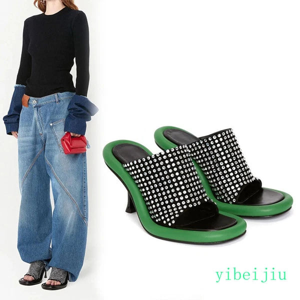 Summer Women's High Spool Heel Mules Dress Slides Slippers Party Sandals Fashion