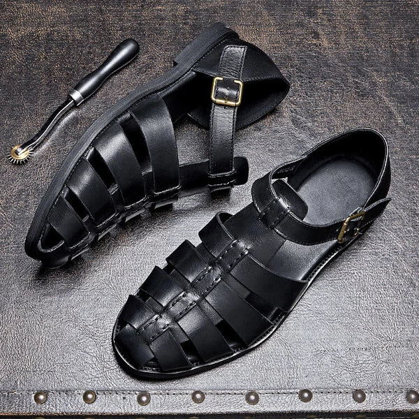 Roman Style Closed Toe Sandals Hollow Out Buckle Real Leather Men's Shoes Casual