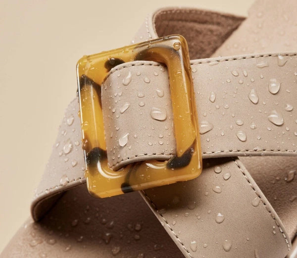 Olukai La’i Taupe Criss Cross Tortiose Shell Buckle Comfort Slide Sandals Size 6