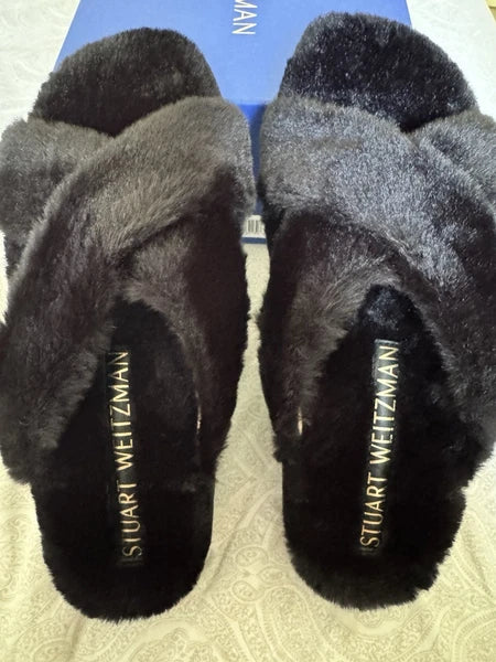 Stuart Weitzman Roza Lift Chill Slide Women's 7.5 Black Fur Sandal