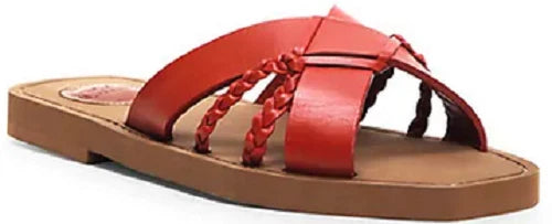 New CHLOE $450 Brick Red Leather Boho Criss Cross Slides Mules Flats Italy EU 42