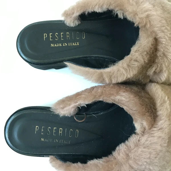 Peserico Slide Sandals Womens 36 6 Black Mauve Pink Fur Platform Slip On Fuzzy