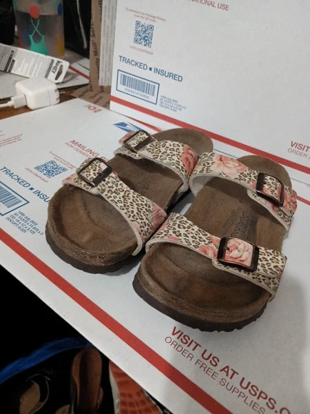 Birki's Arizona Cheetah Rose Design Cork Bed Sandal Slides Sz 36 Animal Print