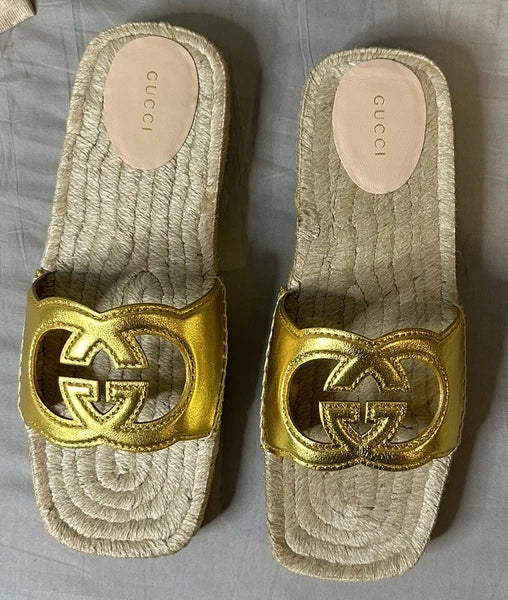 Gucci Interlocking G Cut Out Espadrille Sandals Women Size 39.5 (US 9.5) Authent
