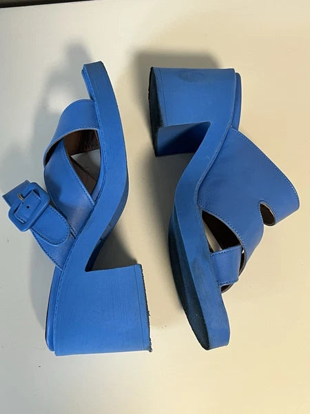 Bueno Leather Heeled Slide Sandals Milan style color blue EU40 US9.5 est 70s mod