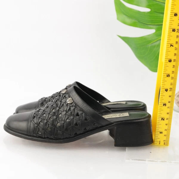 Brighton Womens Fanny Mule Size 8.5 Black Leather Block Heel Slide Woven Shoe