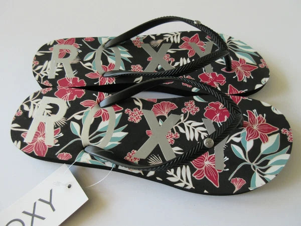 Roxy Women's Flip Flop Sandal Guppy Style Black Floral With Silver Lettering New