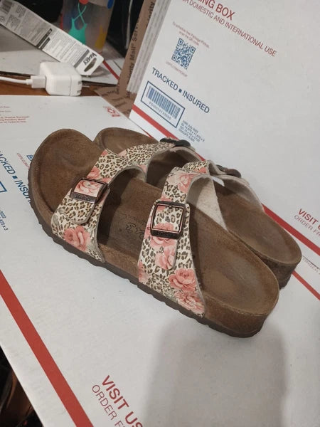 Birki's Arizona Cheetah Rose Design Cork Bed Sandal Slides Sz 36 Animal Print