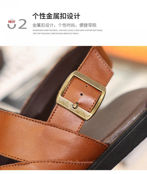 Mens Slingback Sandals Open Toe Real Leather Cowhide Strap Flats Summer Shoes sz