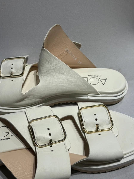 New Women's AGL Off White Sabina Leather Buckle Slide Sandals 39 EUR US 8-8.5
