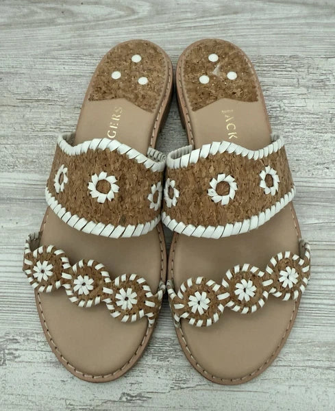 Jack Rogers Caroline Sandal Natural Tan Cork White Stitched Flat Slide  Size 9 M