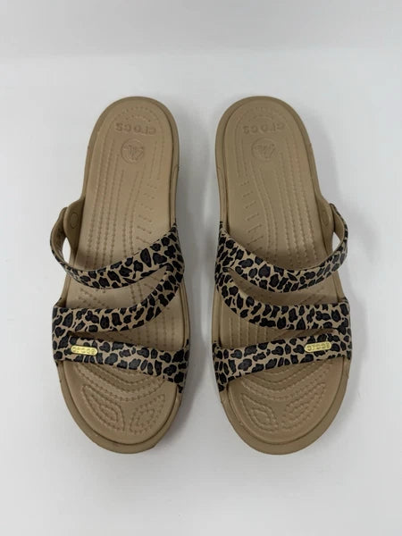 Crocs Patricia II Leopard Wedge Tan Slide Sandals W10 Women's Size 10 EUC