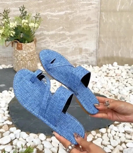Fashion Blue Summer Statement Denim Thong Toe Designed Flat Sandals  Slides Shoe