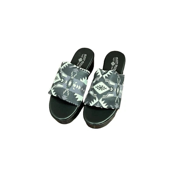 Crazy Train 90s Platty Aztec Bold Black & White Sandal Wedges Platform Slides 9