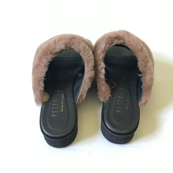 Peserico Slide Sandals Womens 36 6 Black Mauve Pink Fur Platform Slip On Fuzzy