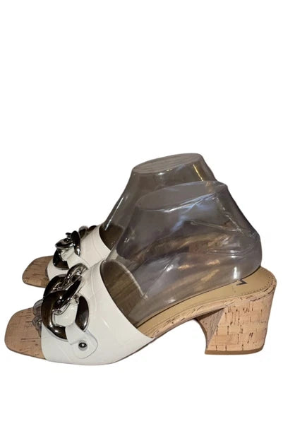 MARC FISHER LTD Naniya White Block Heels Chain Buckle Slides Women’s Size US 8M