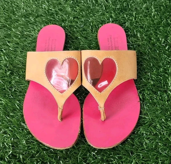 MOSCHINO CHEAP AND CHIC Leather Thong Flip Flops Clear Heart Slides 37 US 7