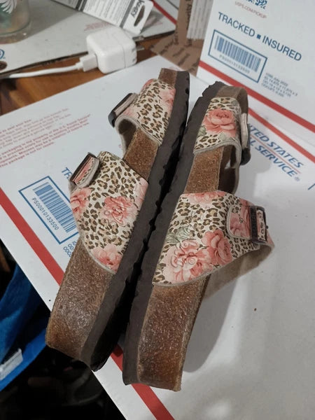 Birki's Arizona Cheetah Rose Design Cork Bed Sandal Slides Sz 36 Animal Print