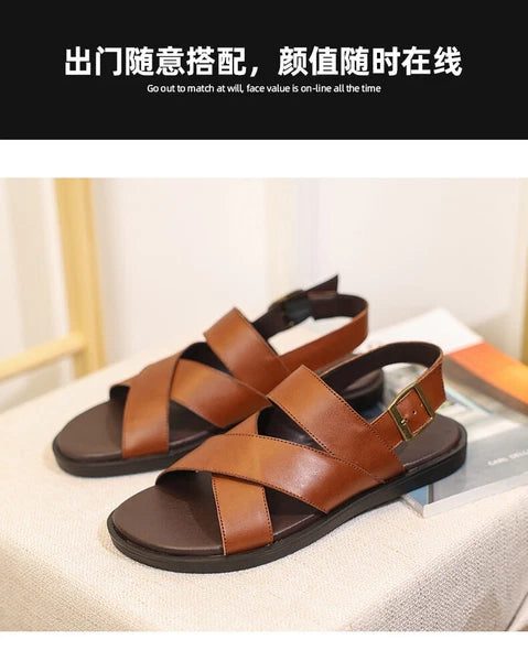 Mens Slingback Sandals Open Toe Real Leather Cowhide Strap Flats Summer Shoes sz