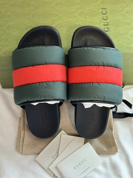 Gucci Web Puffer Nylon Slides Sandals Sz 37 Made In Italy BNIB