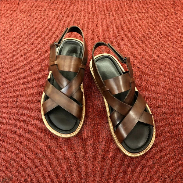 Open Toe Sandal Casual Real Leather Mens Beach Shoes Flats Roman Style Summer 44