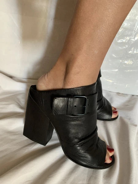 EUC! Marsell Bolla Black Soft Leather Block Heel Slingback Shoe Size EU 37/7